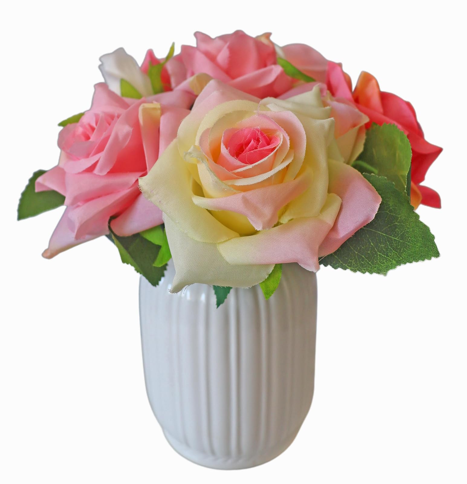 Fake Flowers in A Vase Pink Silk Roses Bouquet with Ceramic Vase Lifelike Fak…