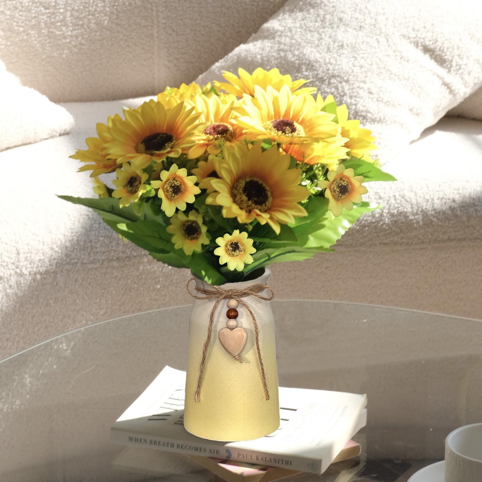 Artificial Sunflower Arrangement in Ceramic Vase – Fake Silk Sunflowers Table…