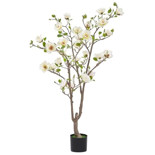 Artificial Magnolia Tree, 4.9 ft Tall Fake Indoor Tree, 4ft 11in White & Yellow