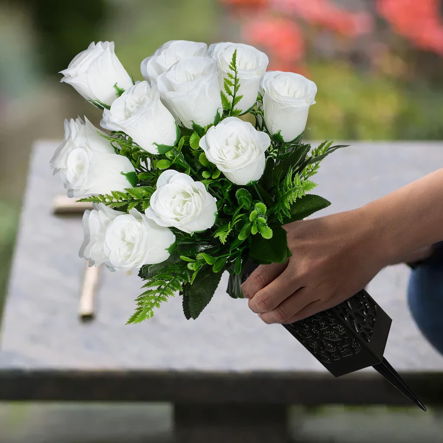 Artificial Cemetery Flowers, Grave Memorial Flowers, Set of 2 Artificial Rose…