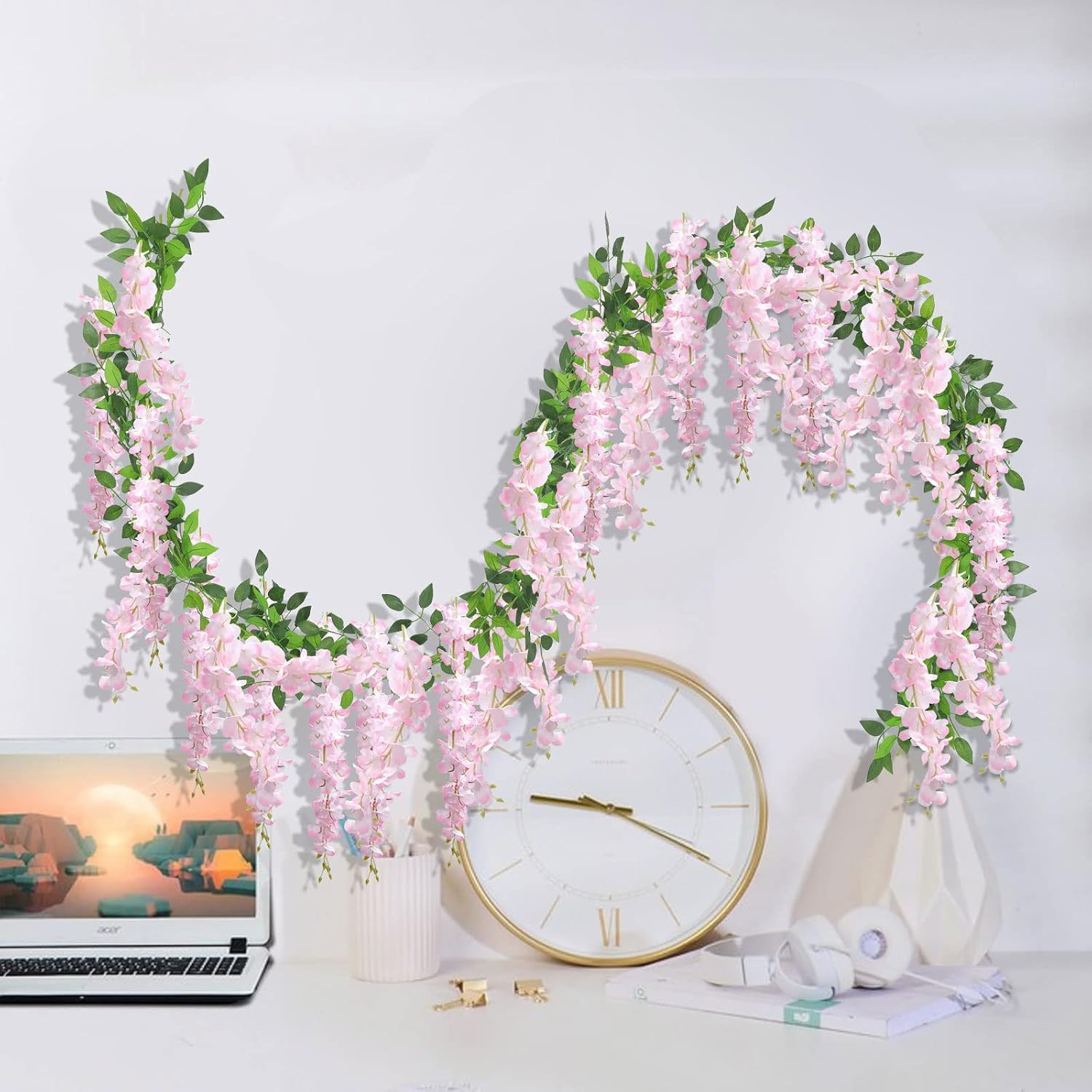 10Pcs 7.2 Ft/Piece Artificial Wisteria Garland Silk Fake Pink Wisteria Flowers H