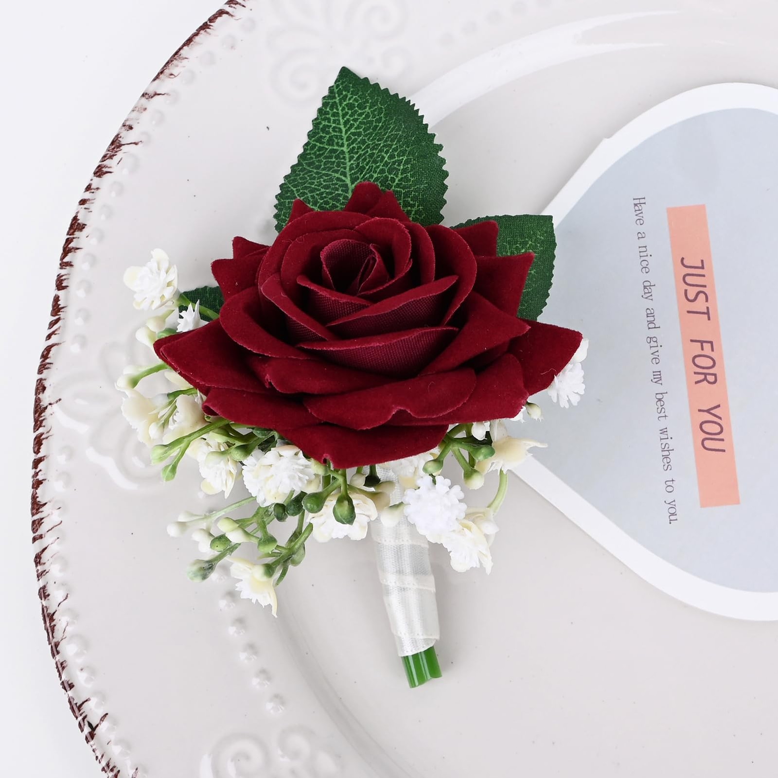 2 Pieces Boutonniere Wrist Corsage Set Artificial Rose Flowers Burgundy White