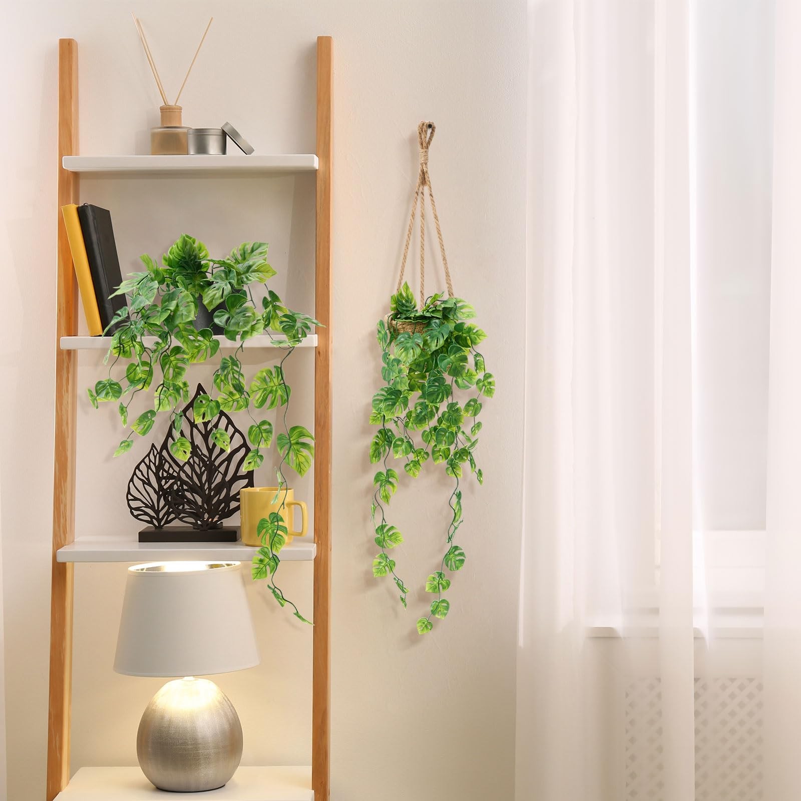 6 Set Mini Fake Hanging Plants with Woven Basket Boho Artificial Ivy Faux Vin…