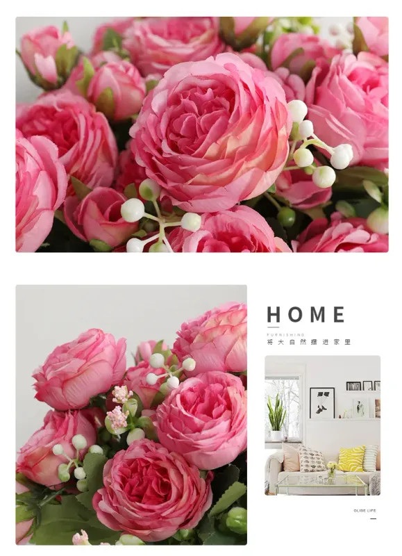 30cm Rose Pink Silk Peony Artificial Flowers Bouquet 5 Big Head and 4 Bud Cheap