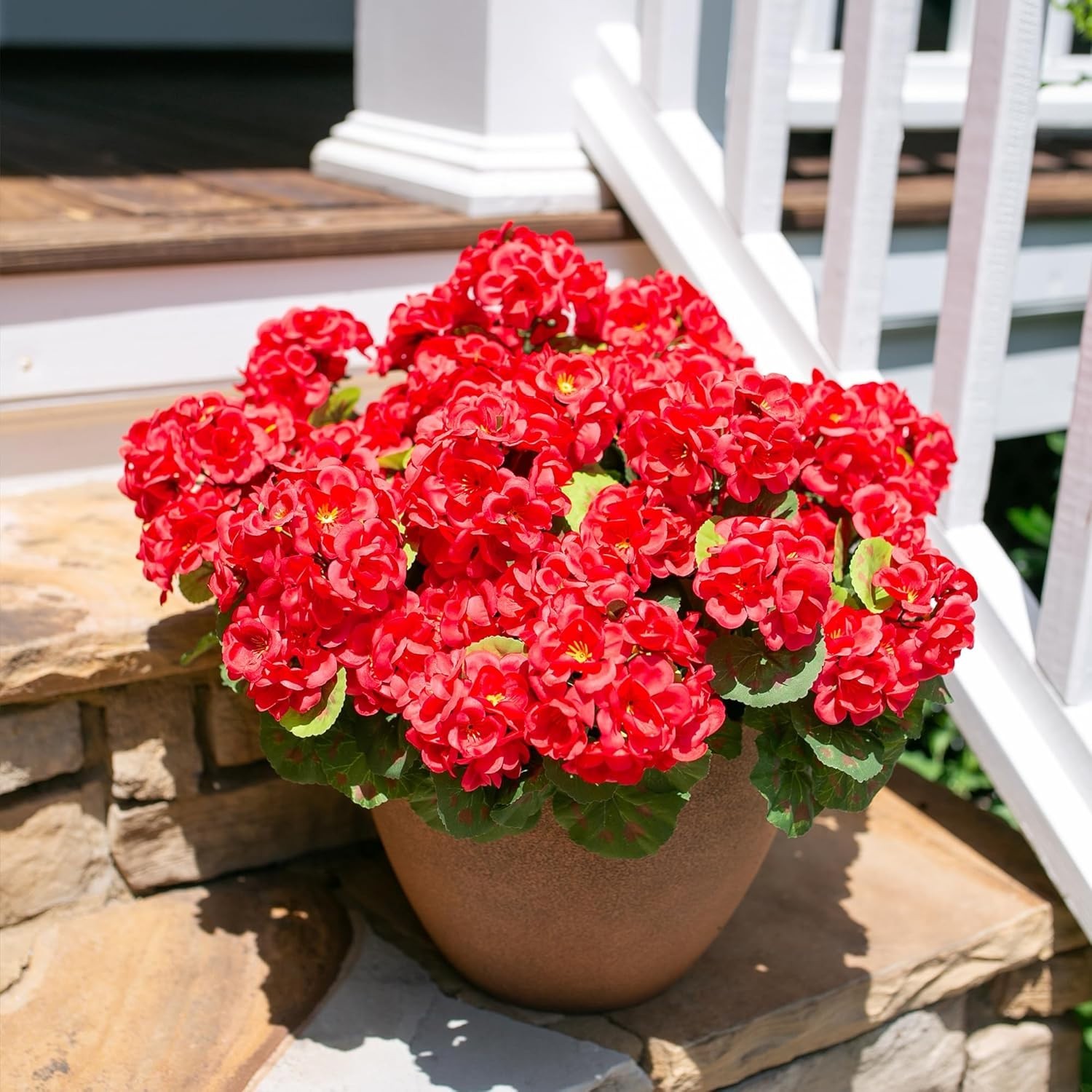 6 Bundles of Waterproof Red Artificial Geraniums for Elegant Outdoor Decor