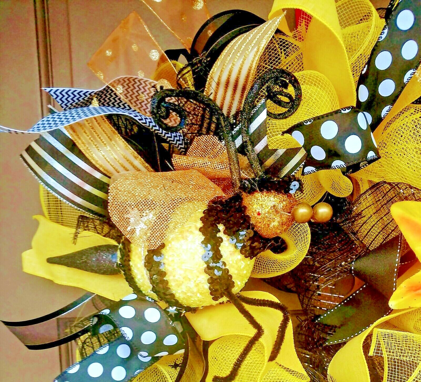 Spring Summer Bee Wreath Large Deco Mesh Floral Farmhouse Front Door Decor
