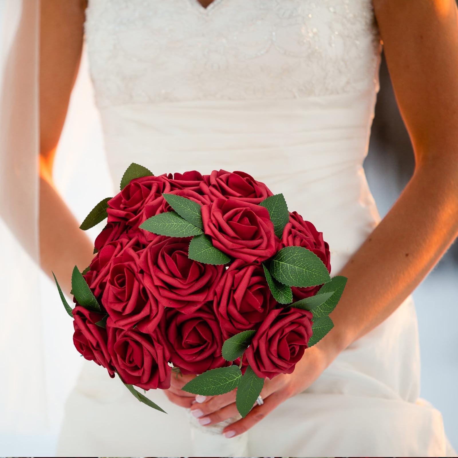 Artificial Flowers Dark Red Rose Fake Foam Roses with Stem for Wedding Bouquets