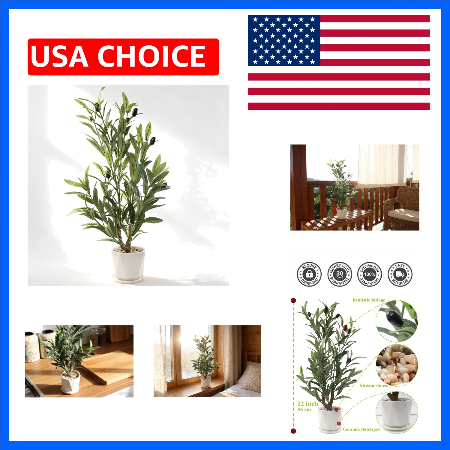 Fake Olive Tree with Pot Indoor, 22″ Artificial Olive Tree Stems Potted Green…