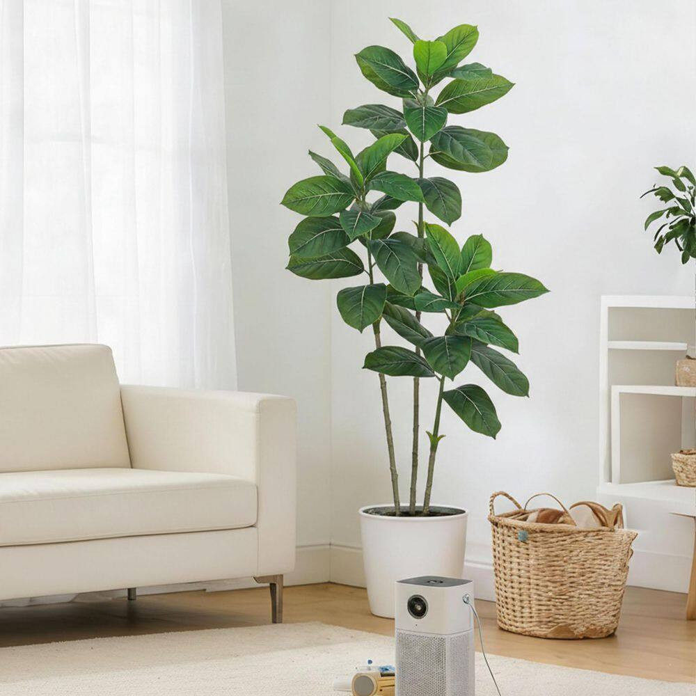 1 In. White Indoor/Outdoor Artificial Rubber Tree Shrub Faux Plant with Planter