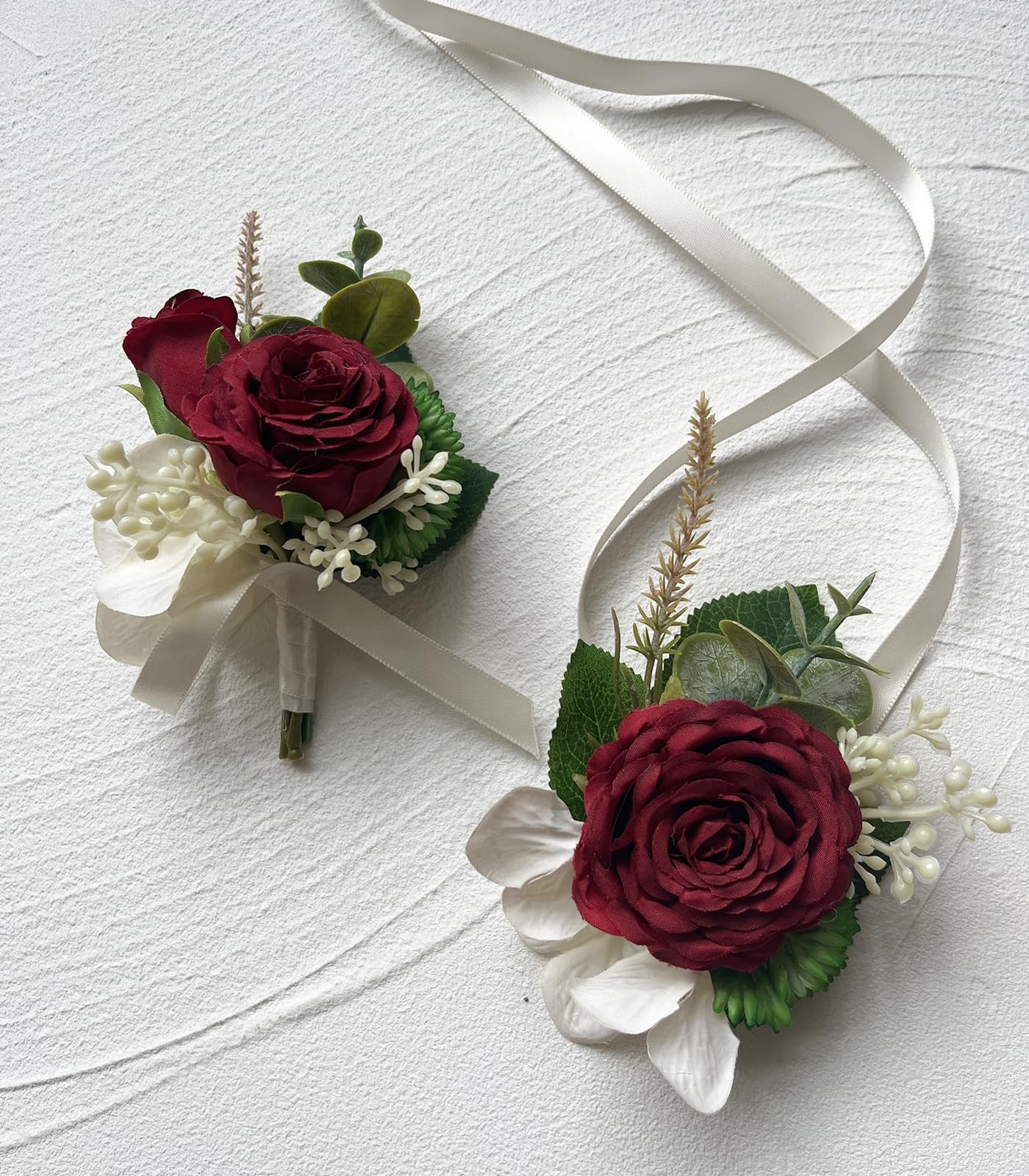 2 PCS Burgundy Artificial Wrist Corsage Boutonniere Set Groom Bride Prom