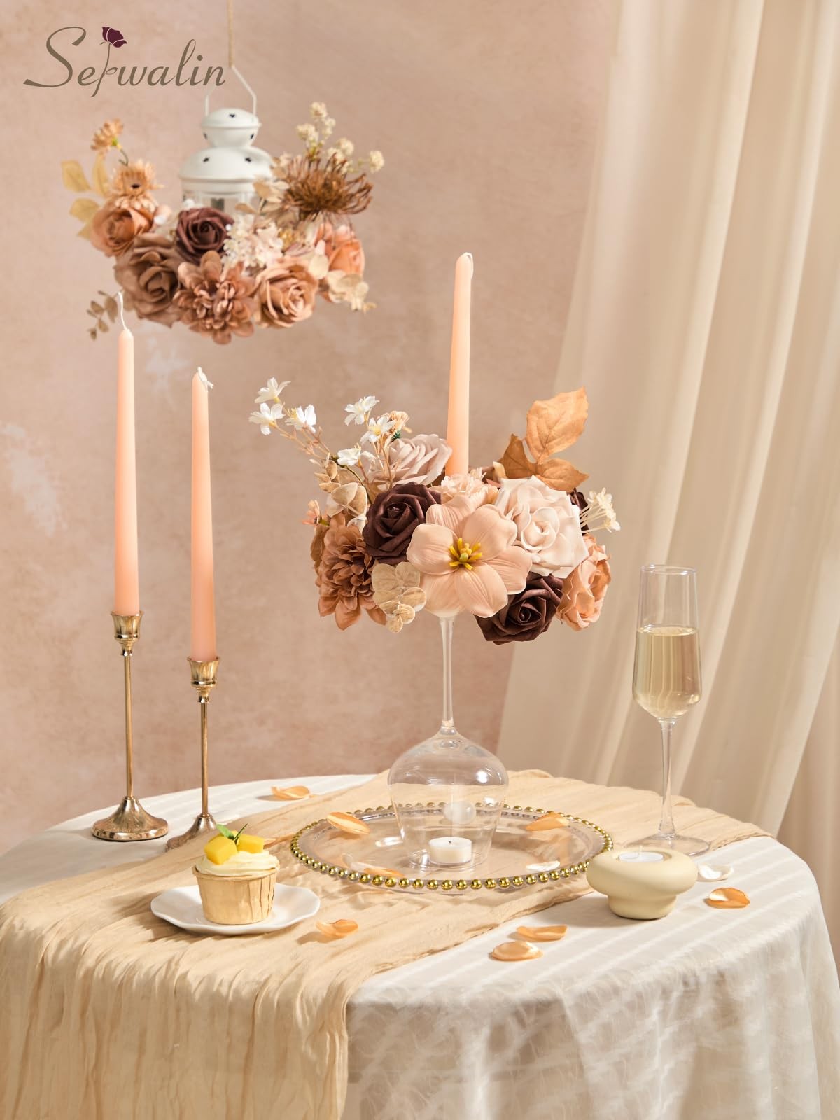 Artificial Flowers Brown Apricot Fake Silk DIY Wedding Bouquet Centerpiece