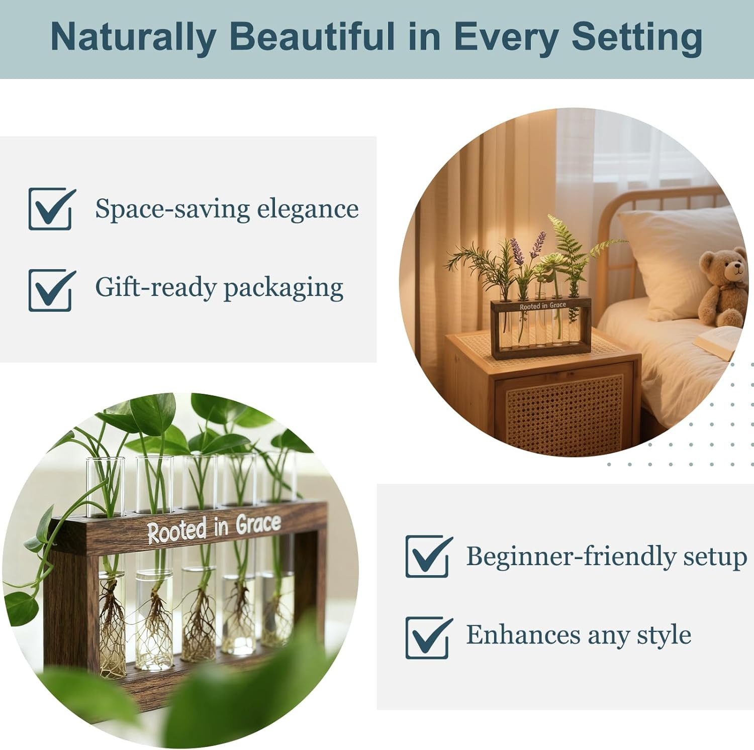 Rooted in Grace Plant Propagation Station – Wooden Stand with 5 Glass Vases, Fai