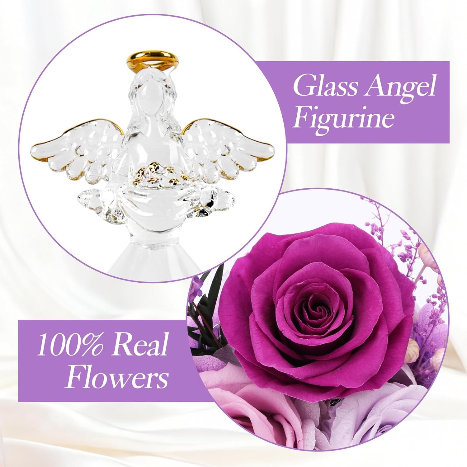 7″ Preserved Rose Flowers in Glass Angel Figurine Eternal Rose Gift, LED, Purple