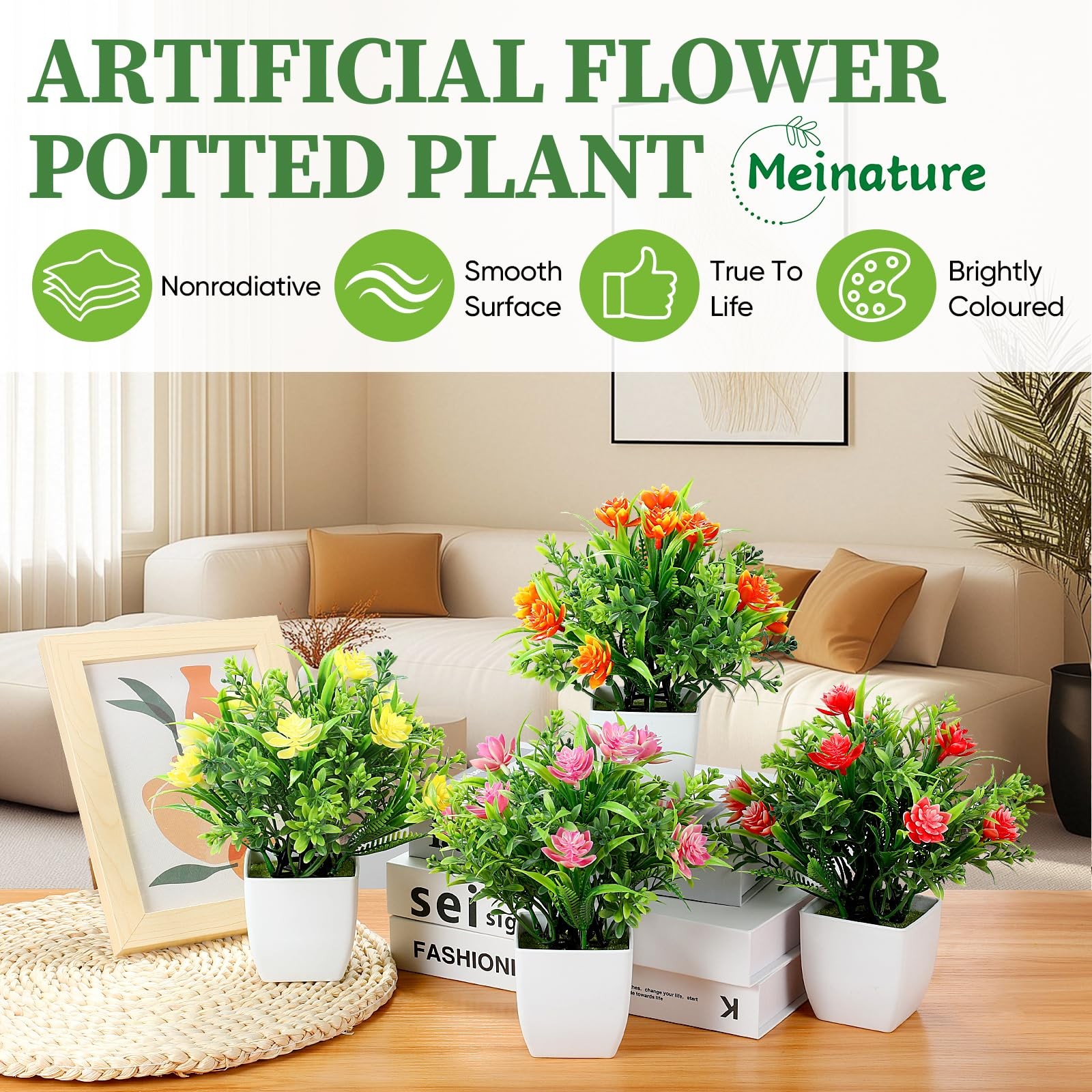 4 PCS Small Artificial Plants With Flowers Mini Fake Potted Decor For Home