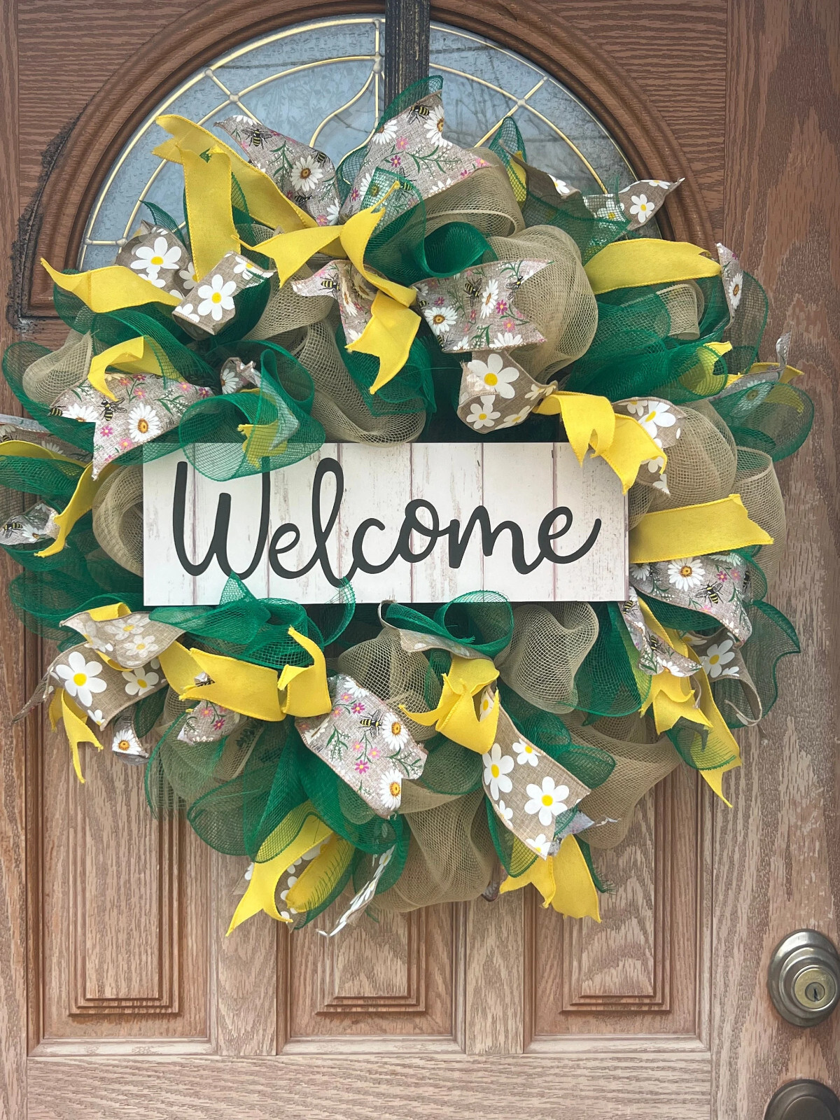 Deco Mesh Wreath| Welcome Front Door Wreath| Home decor | Green and yellow