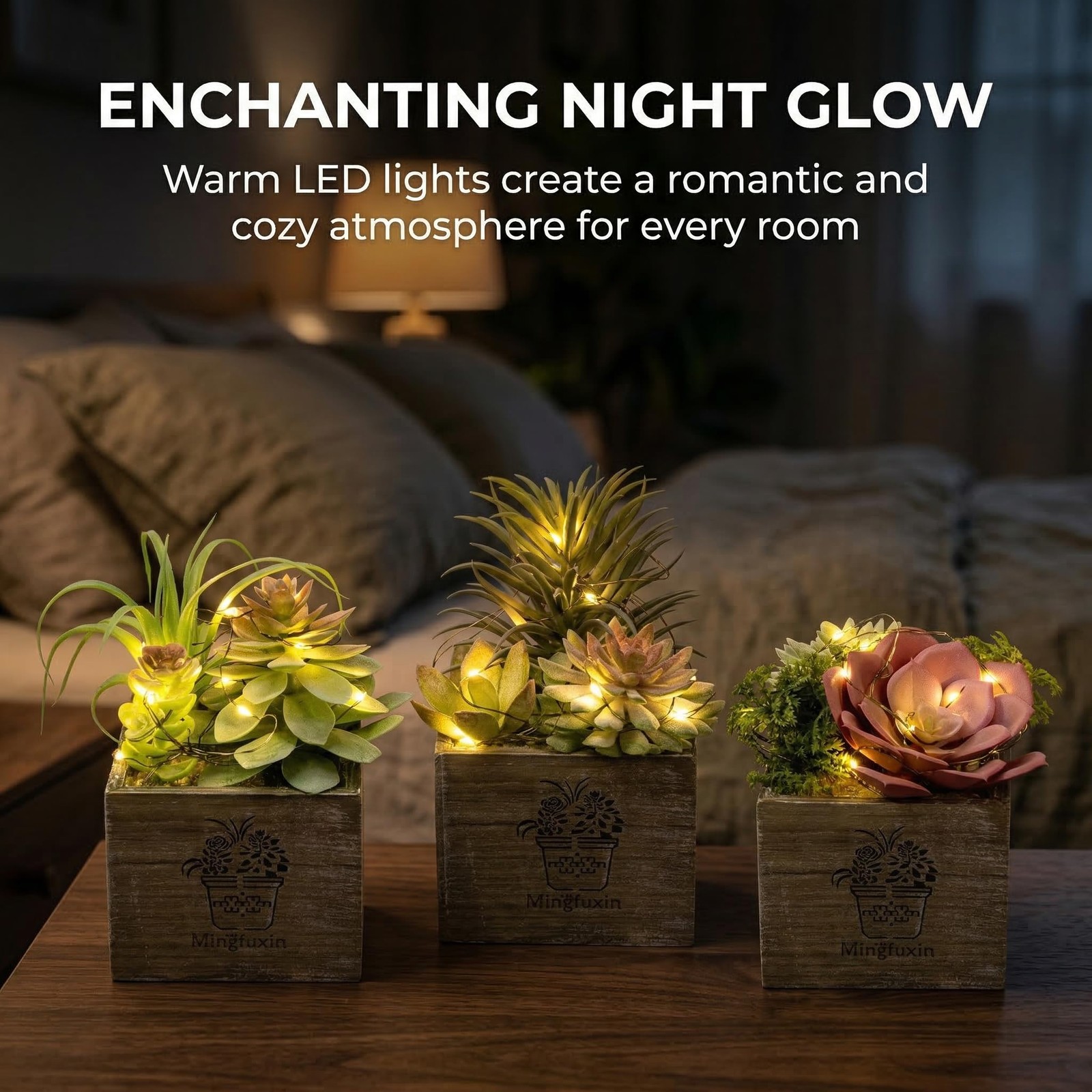 Small Fake Plants, Succulent Plants Artificial with Led Lights 3 Pack