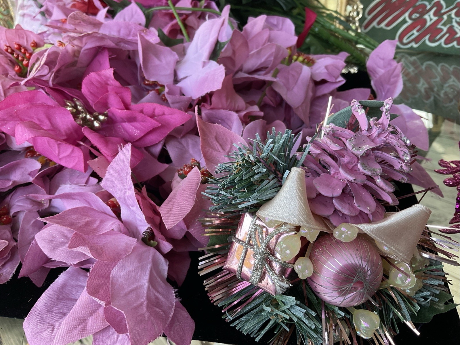 Pink Poinsettia Gold Glitter Artificial Flower Heads Pic Lot Holiday Decor Craft