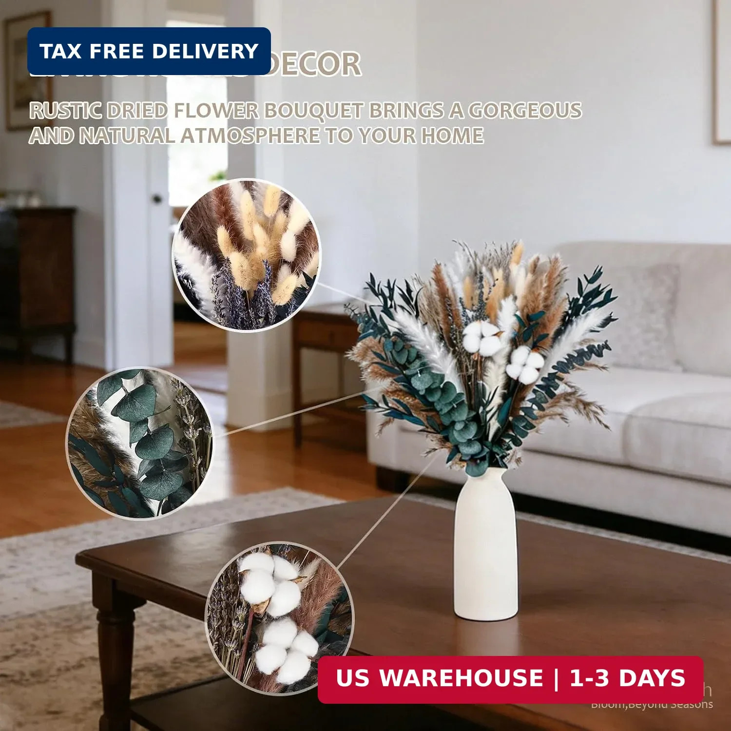 Natural Dried Flower Bouquet – Pampas Grass, Cotton Stems, Bunny Tails Grass, Eu