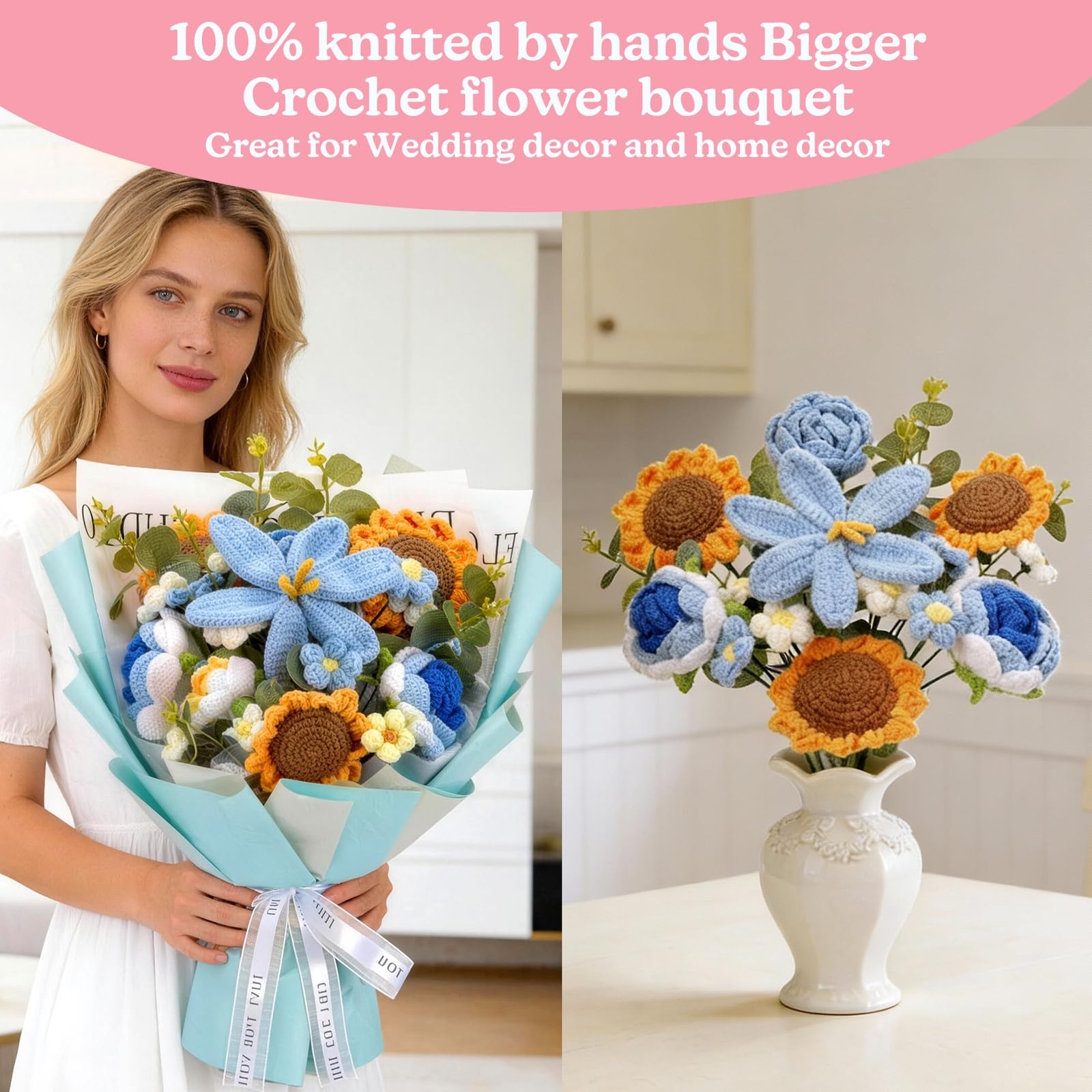 24 Flowers 15″ Tall Handmade Crochet Bouquet Rose Sunflower With Gift Bag