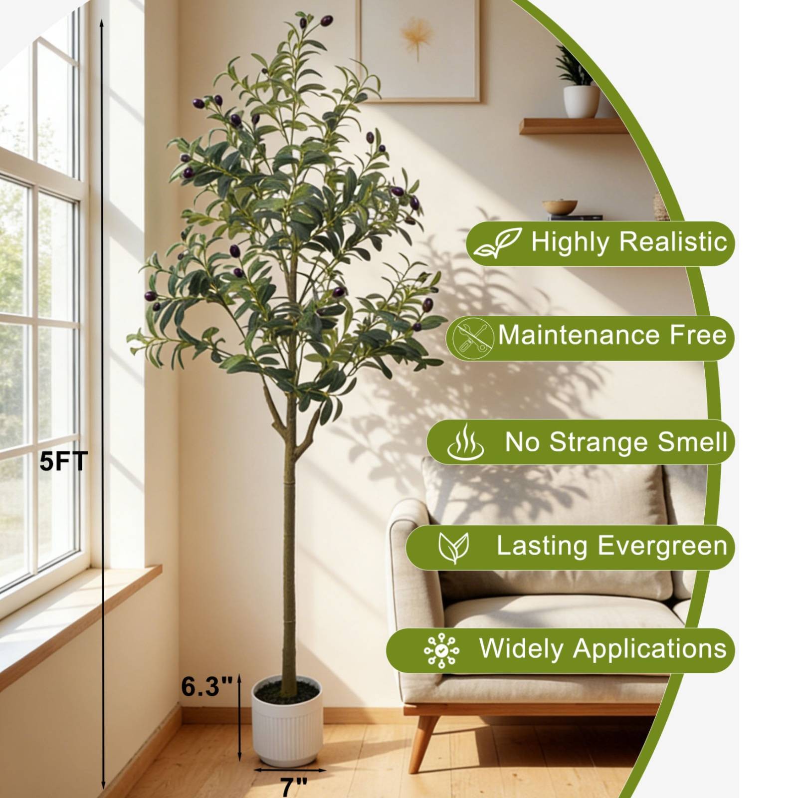 5Ft Fake Olive Tree With White Pot Moss Lifelike Foliage For Indoor Commercial