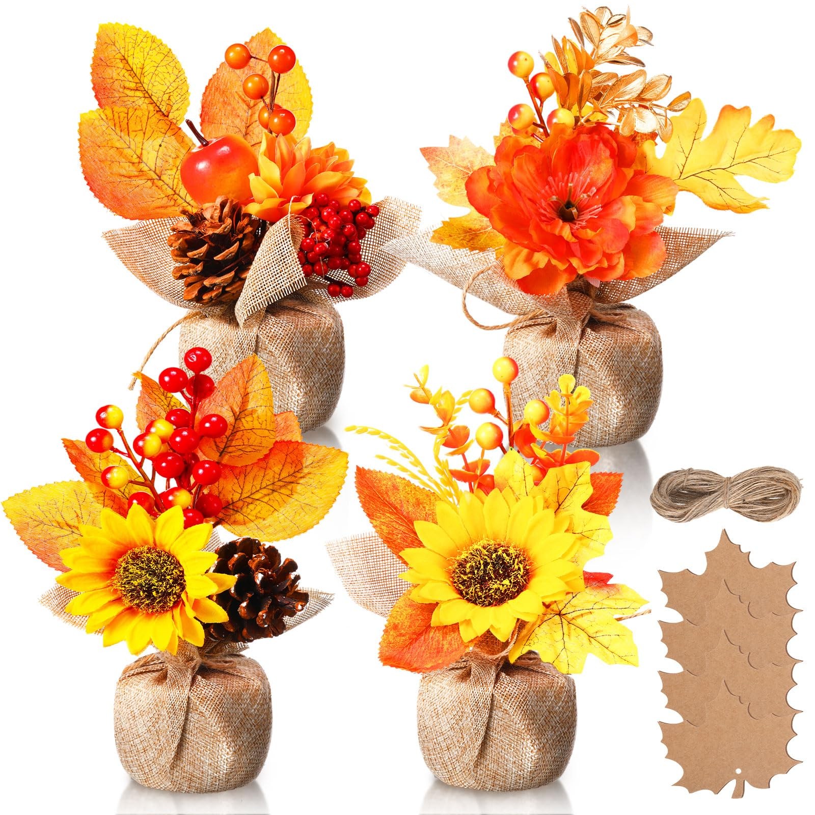 4 PCS Fake Fall Potted Plants Artificial Pumpkin Sunflower Maple Leaf