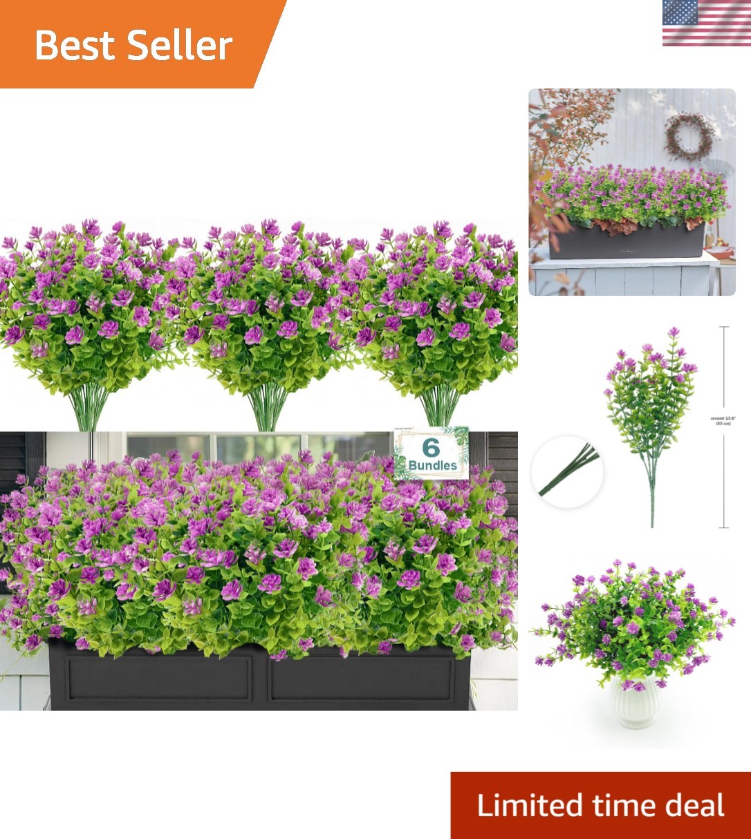 Realistic Fake Plants: 6 Bundles UV Resistant Flowers for -Round Charm