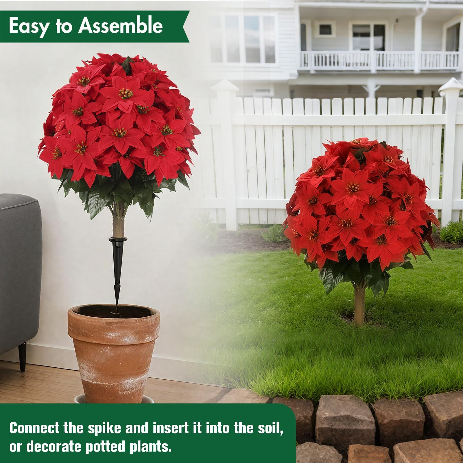 Set of 2 UV Resistant Artificial Poinsettia Topiary Trees for Holiday Decor