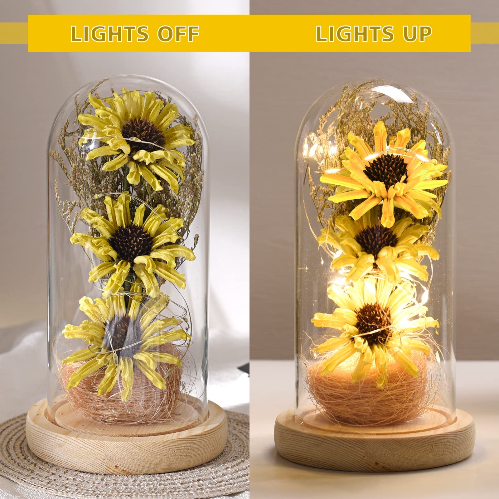 Sunflower Gifts For Women Artificial Sunflowers In Glass Dome With Led Strip 1ps