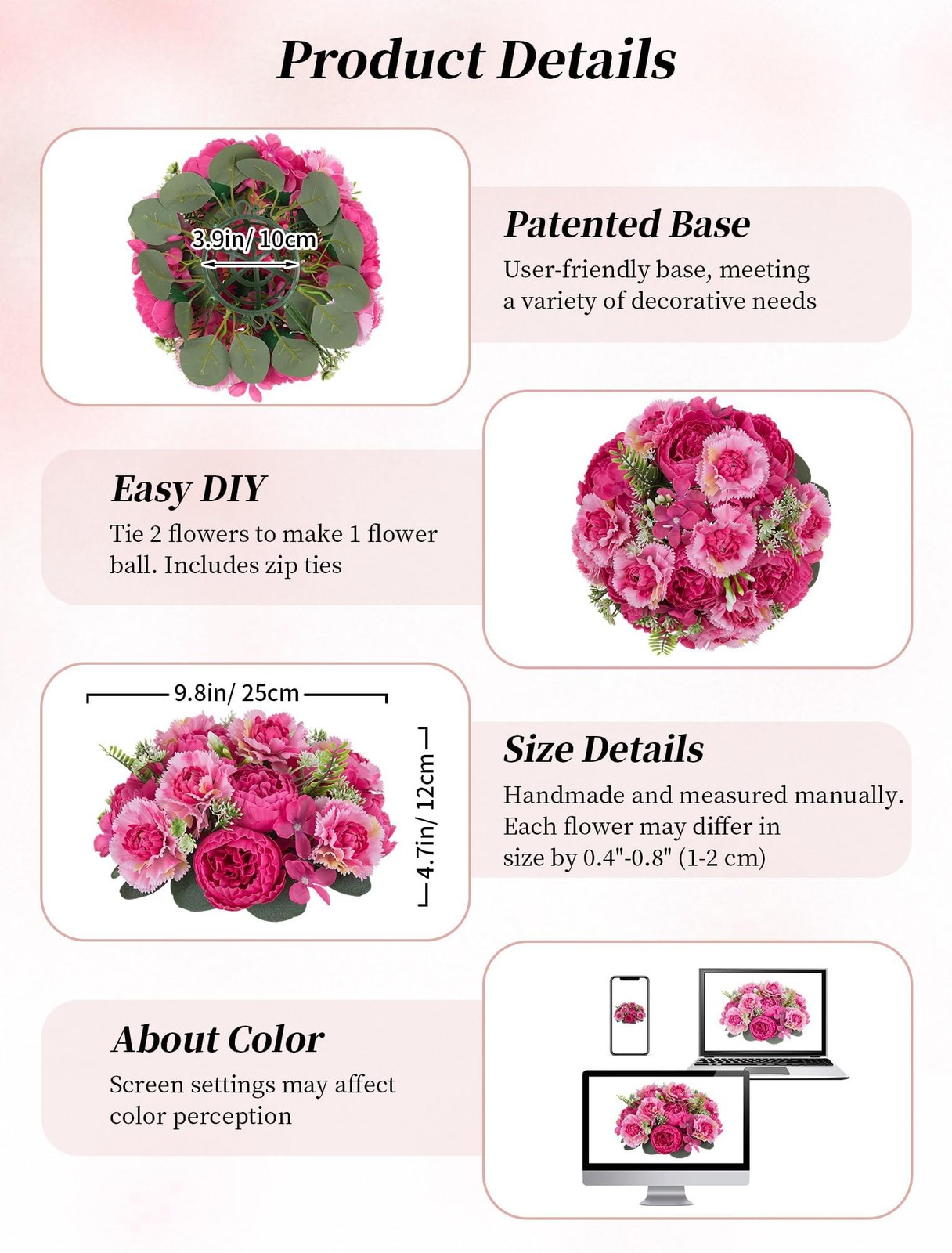 Peony Artificial Flowers : 2pc 9.5 Inch Hot Pink Floral Arrangement for Cente…