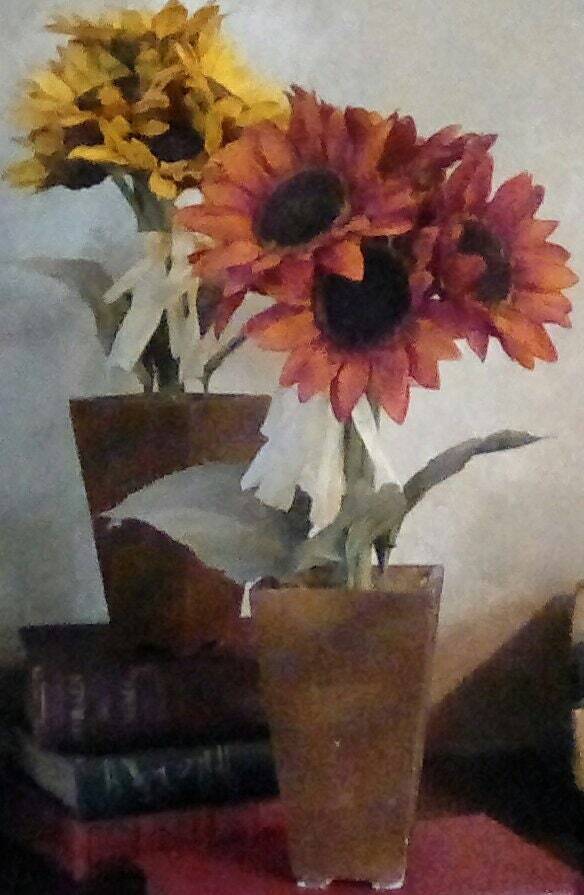 Vintage Silk Daisies in Pots, 1980s With Rafia Ties, 15.5 Inches Tall