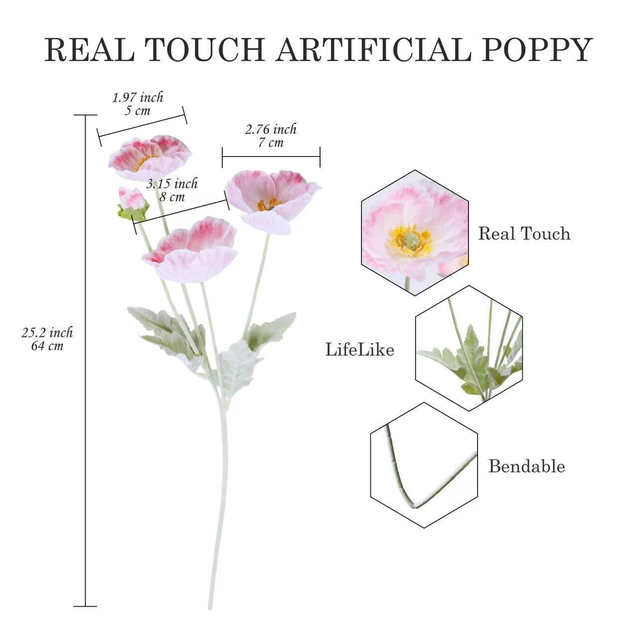 6-Piece Artificial Poppy Bouquet – Realistic silk frost 25.2”pink white