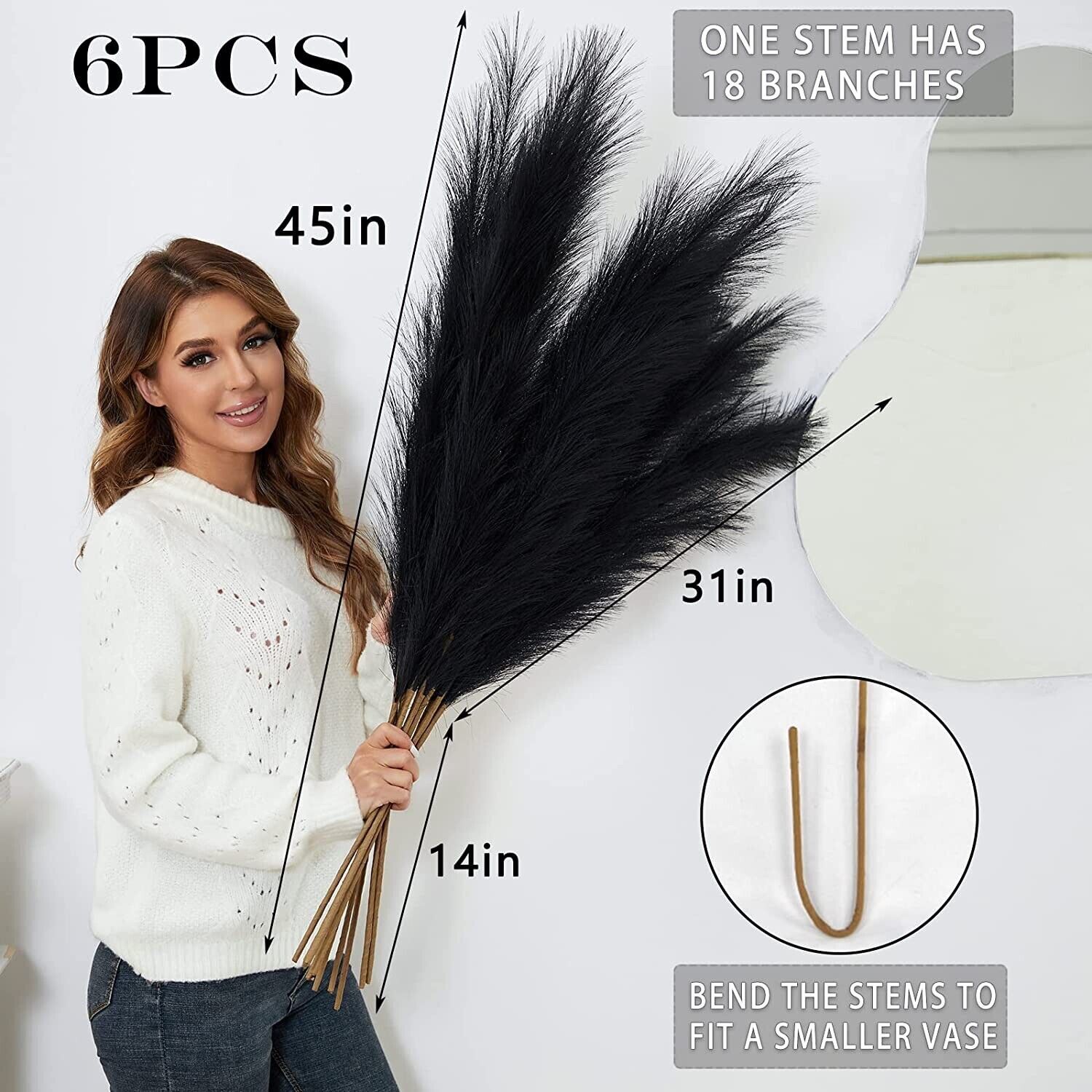 Faux Black Pampas Grass w/8 Large Artificial Pampas Grass Stems — 38″ Set of 8
