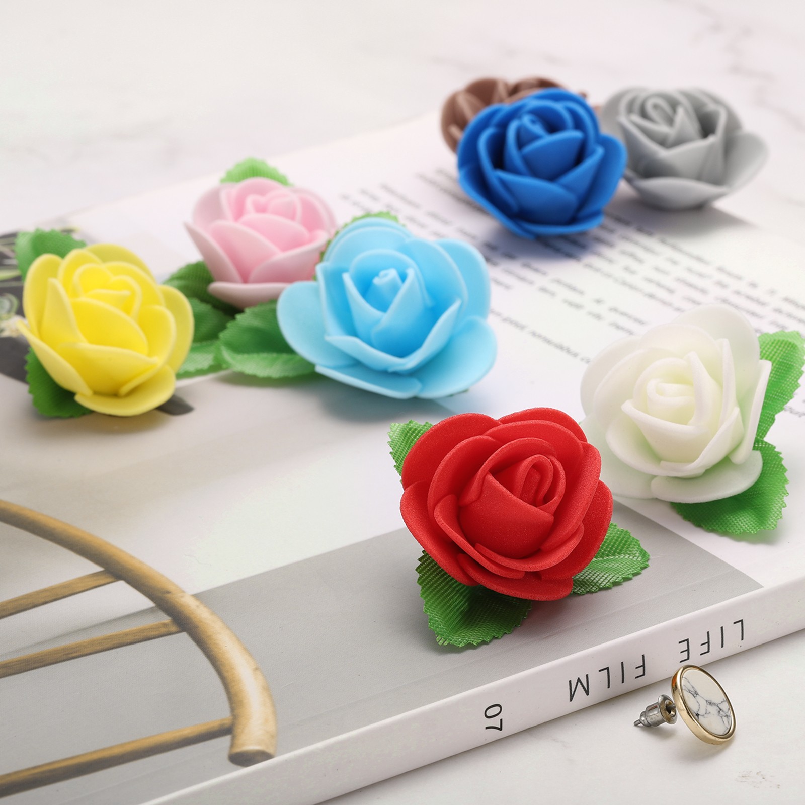 250pcs Foam Rose Heads 1.4 Inch with 10pcs Leaves for DIY Crafts , Green