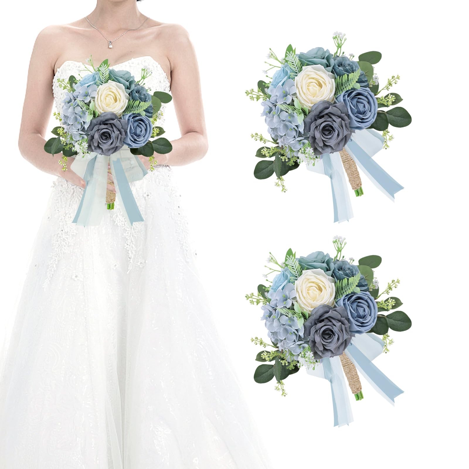 2 PCS 7 Inch Dusty Blue White Artificial Bridesmaid Wedding Bouquet Set