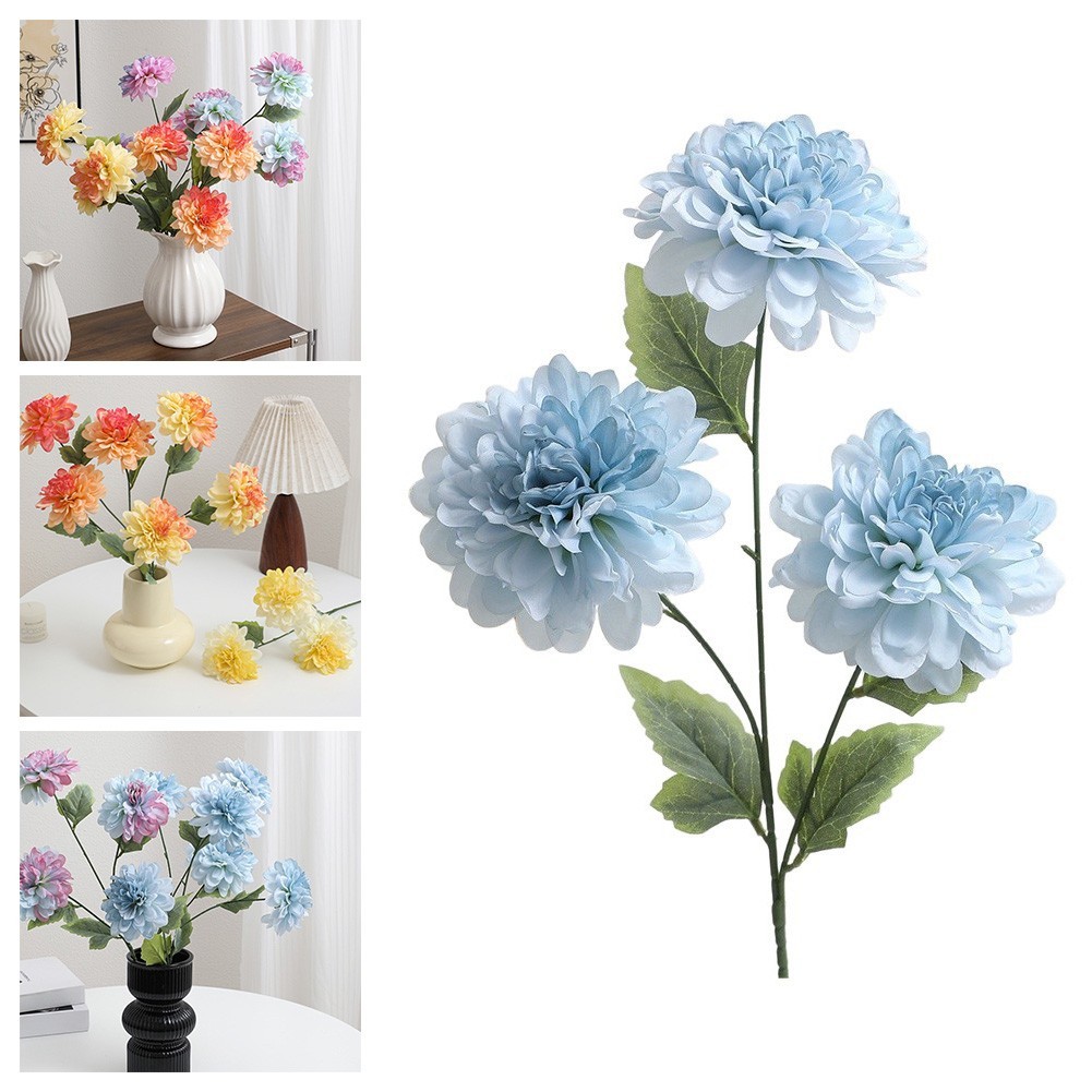 3-Head Silk Dahlia Stems 64cm Flexible Wire Core for Craft and Wedding Decor