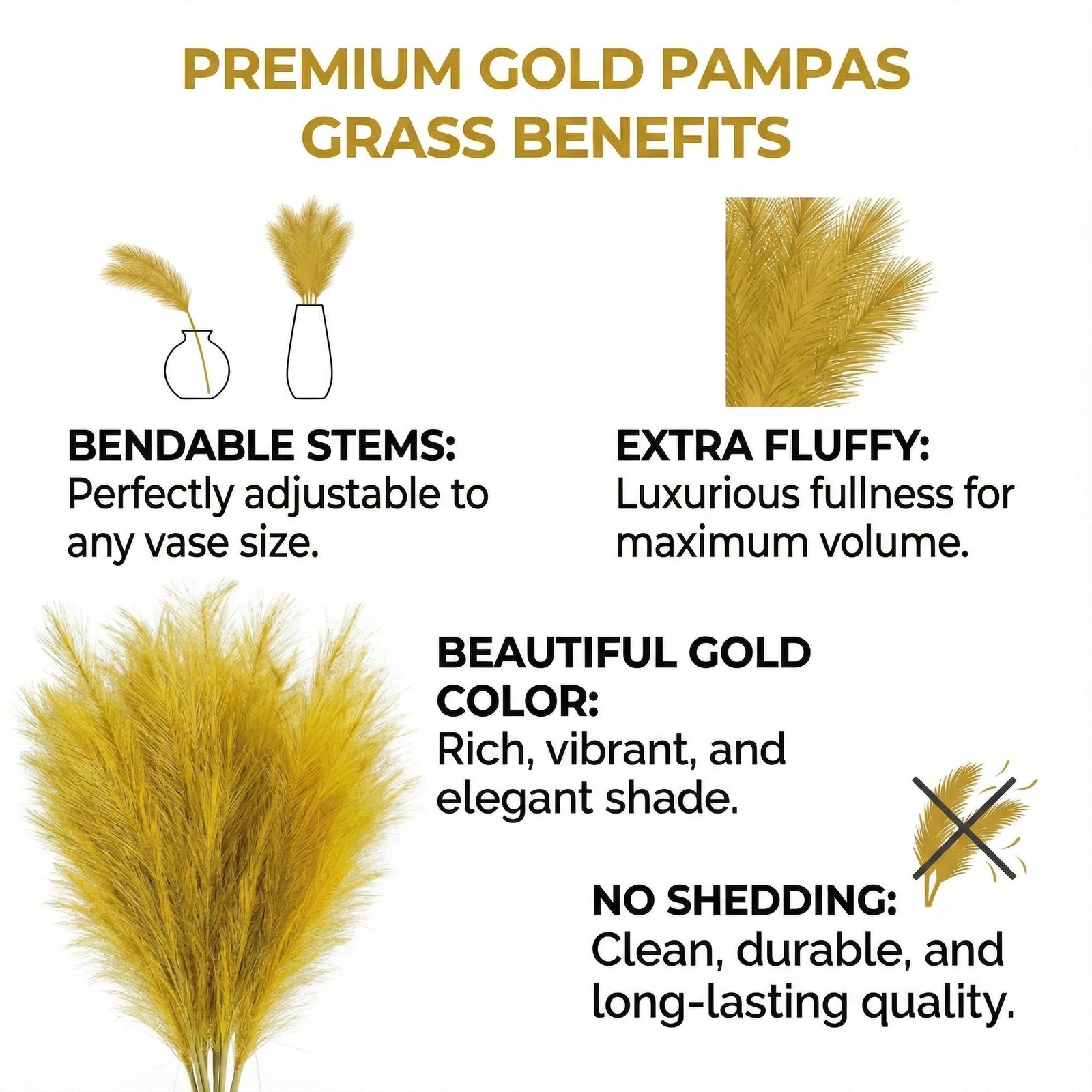 Gold Pampas Grass Decor, 3 Stems x 115cm/45in