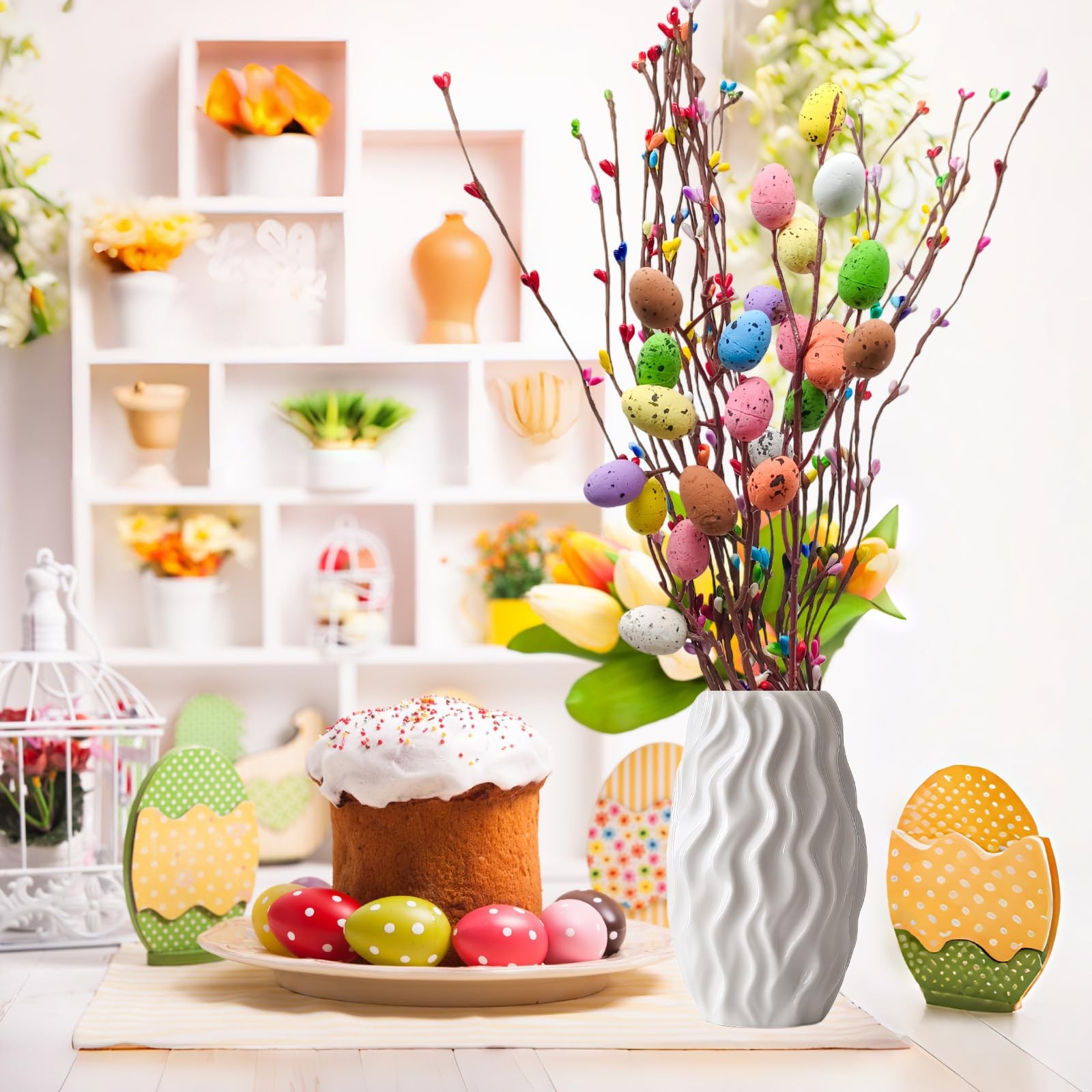 26Pcs 40cm Artificial Easter Spray Vine with Colorful Eggs and Fan-Shaped Eas…