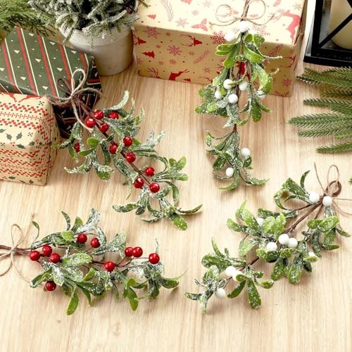 6 Pcs Christmas Mistletoe Decor Artificial Mistletoe 9 Inch Green, White, Red