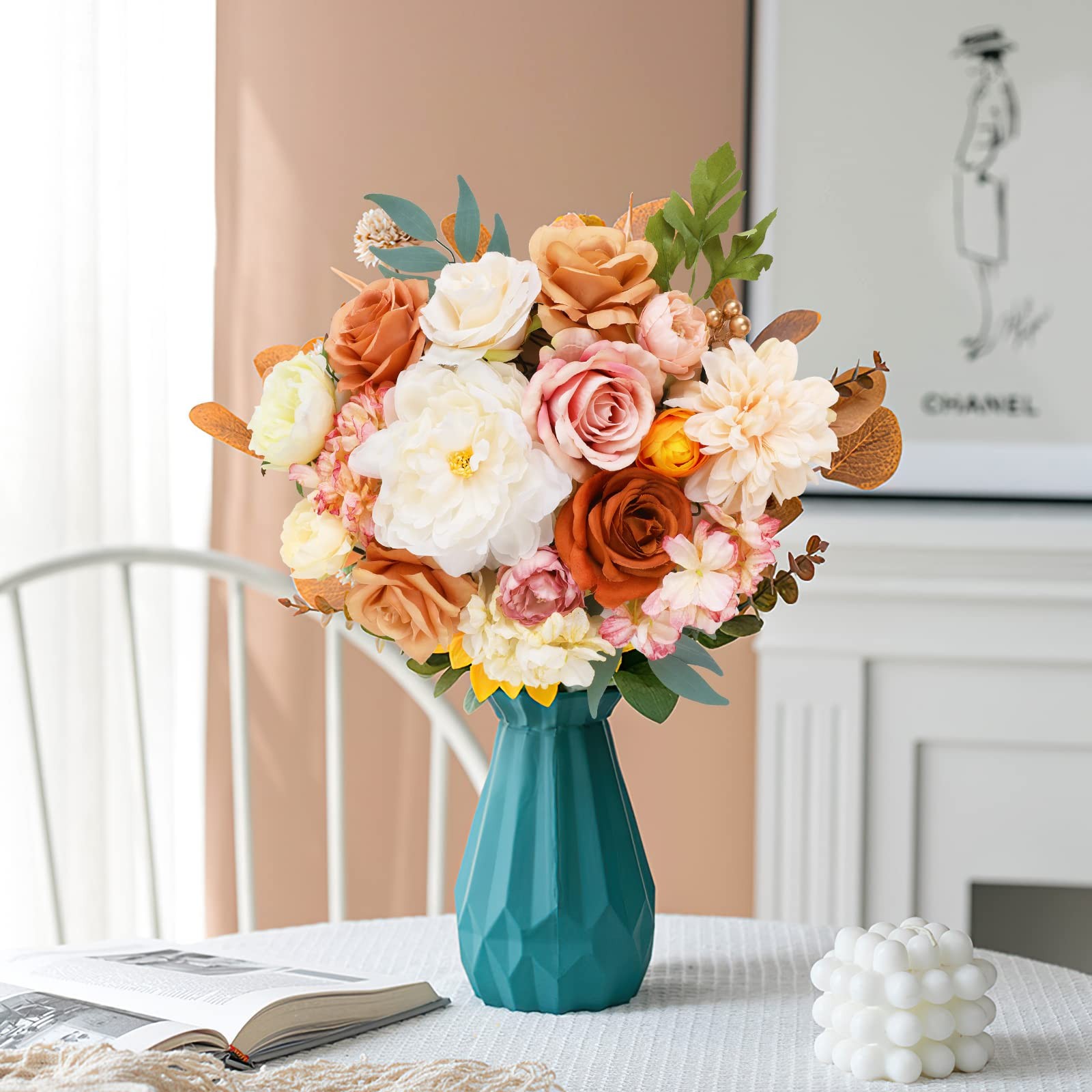 AmyHomie Champagne Artificial Flowers Combo Silk Mix Peony Rose Hydrangea Fak…