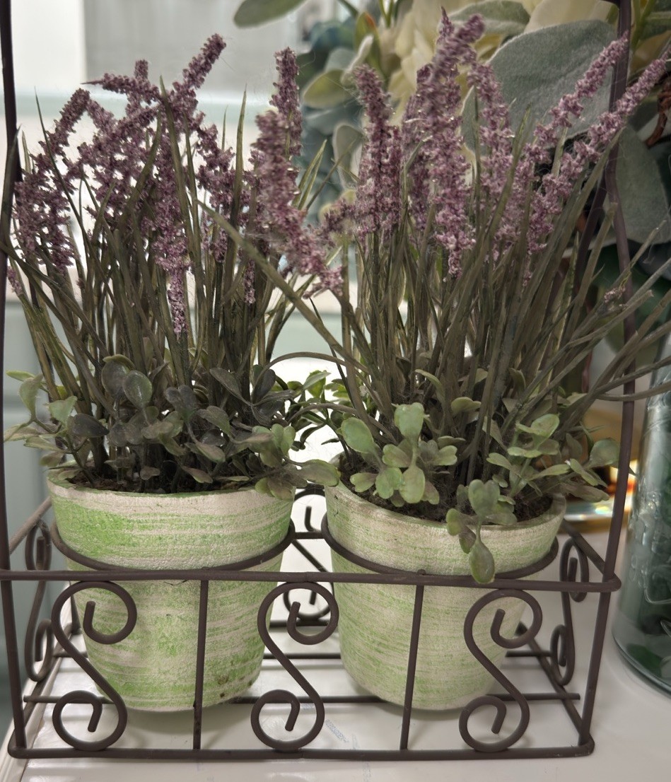 Farmhouse 9” Lavender Plants With Greenery In Pots With Rustic Metal Stand