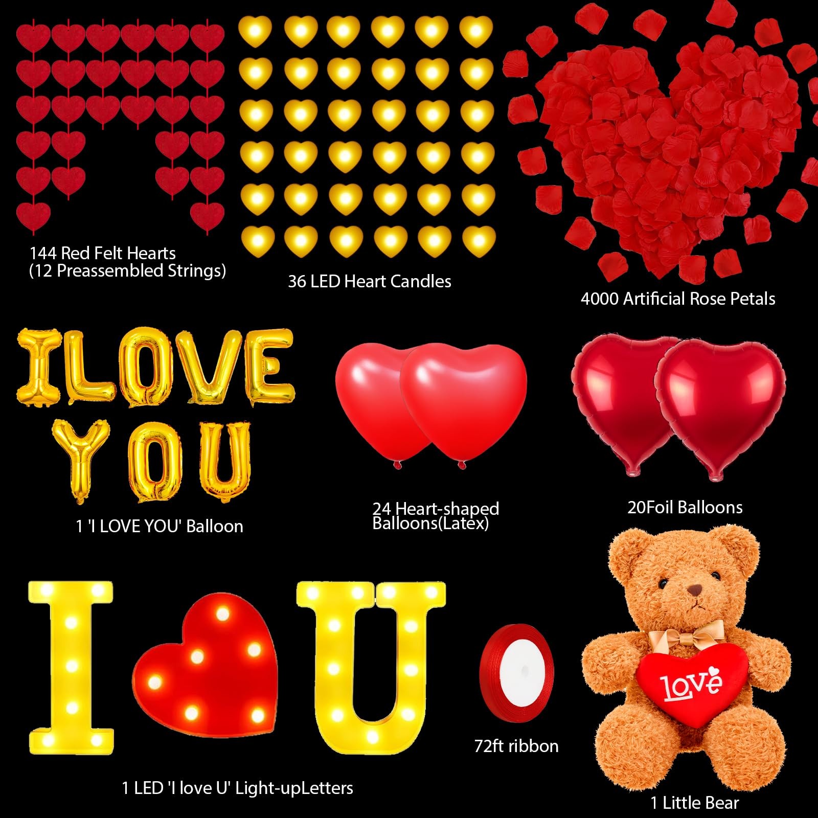 4229 PCS Romantic Decoration Set Rose Petals, Candles, Balloons, LED Hearts