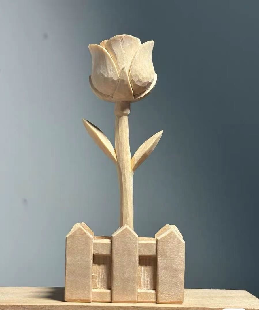 Hand-carved wood rose flower 4.3 in tall Gift Decor New