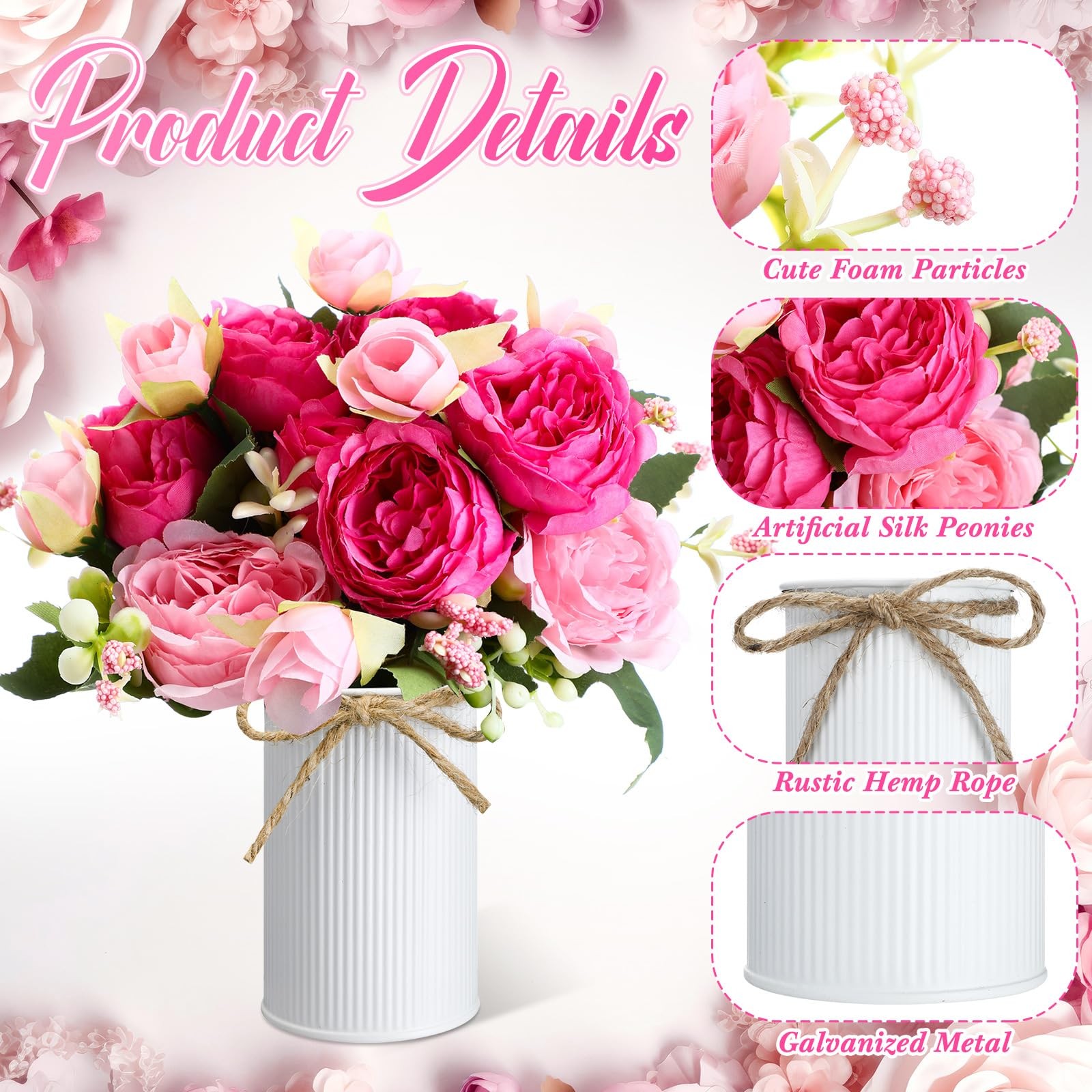 3 Sets Artificial Peonies Flower Peony Bouquet with Galvanized Metal Pot Silk…