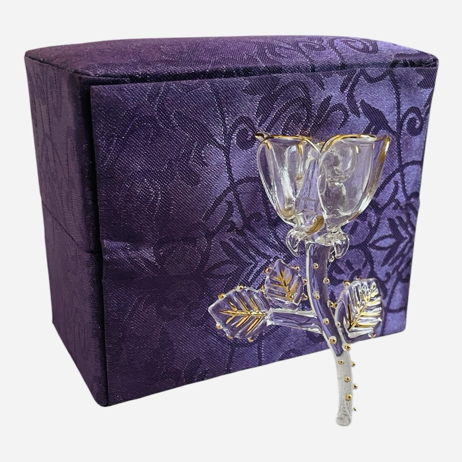 Elegant Clear Glass Rose Figurine Gold Leaf Accents Purple Velvet Gift Box VG