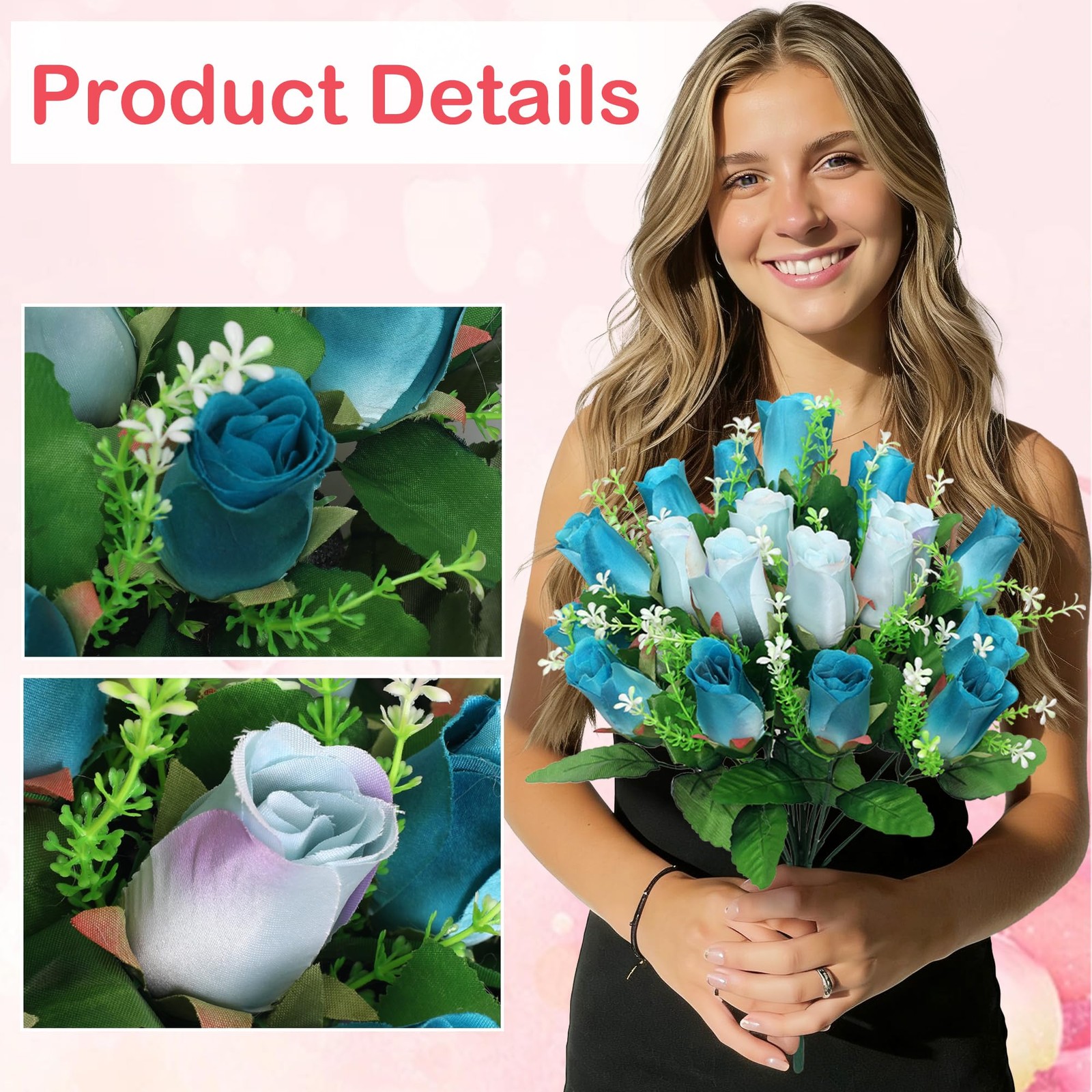 2 PCS Artificial Cemetery Flowers Deep Blue White Memorial Bouquet Vase Spike