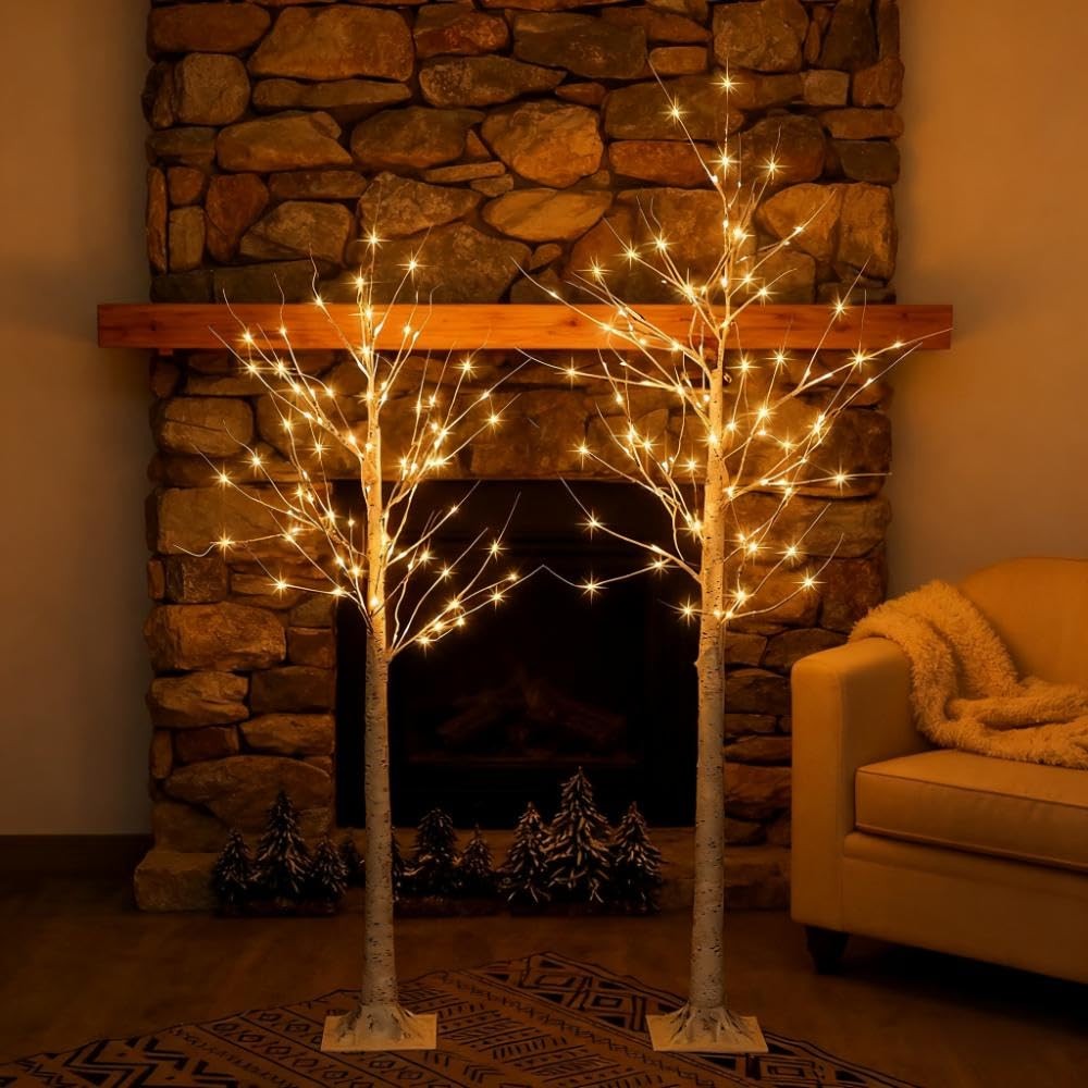 Set of 2 Lighted Birch Tree, Prelit White Christmas Tree Plug in, Light Up Ar…
