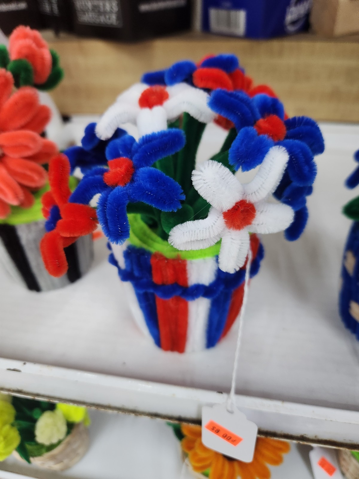 Hand Made Flower Pot Arrangement & Centerpiece, Red White Blue Green
