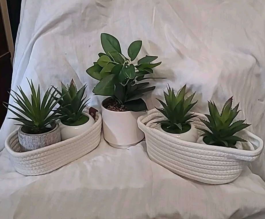 Set of 4 Decorative & Artificial Green Plants-White In Ceramic Pots W/baskets