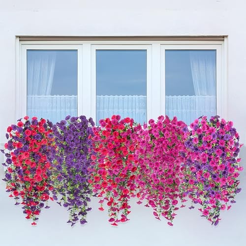Artificial Hanging Flowers for Outdoor, 2pcs Fake Plants Hot Pink Dark Purple