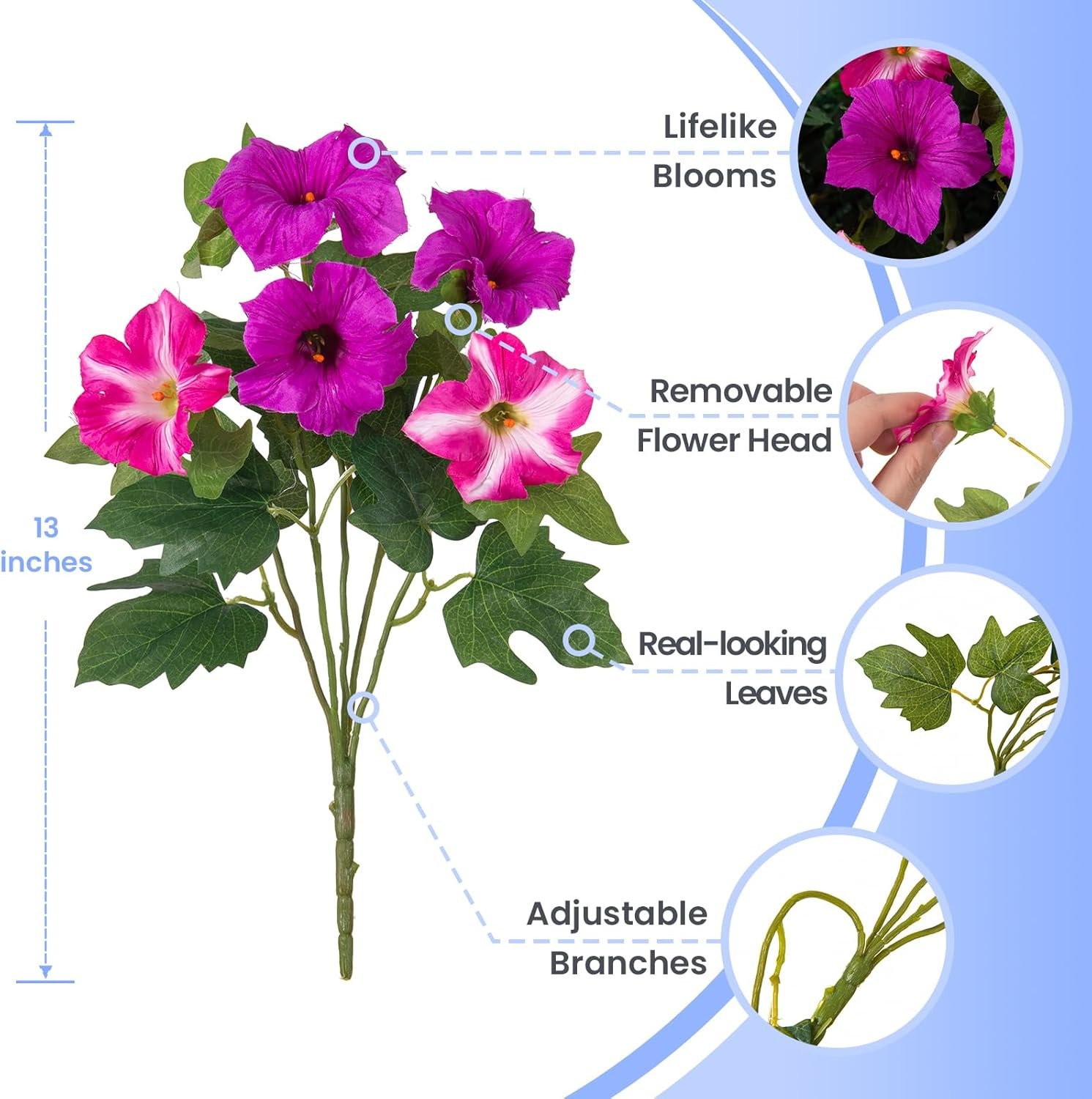 6 Pcs Artificial Petunia Flowers for Outdoor, Fake Spring Petunias Faux Silk Flo